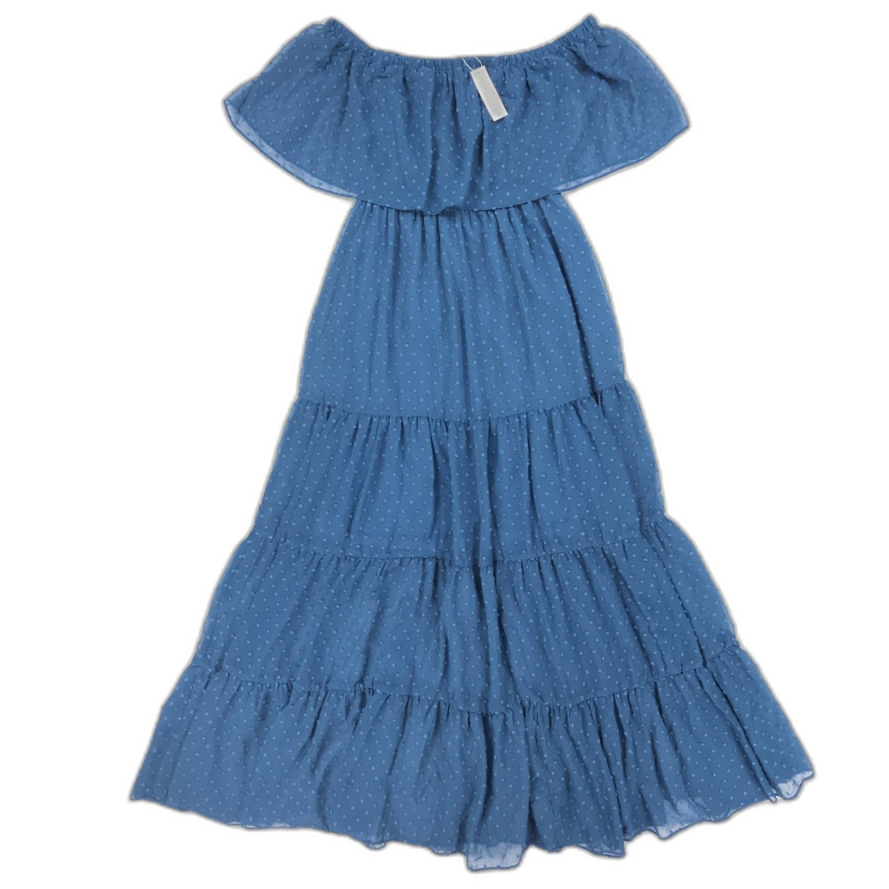 NWT Baltic Born Swiss Dot Blue Maxi Dress Tiered Off Shoulder Romantic Boho
